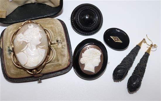 Mounted cameo, mourning brooch, 2 other brooches, parrot earring
